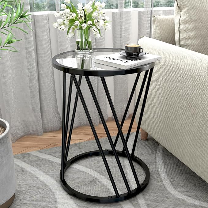Round Side Table, Modern End Tables for Living Room Office Small Spaces, Glass Black End Table with Metal Frames, Nightstand for Bedroom, Bedside Furniture, Easy Assembly