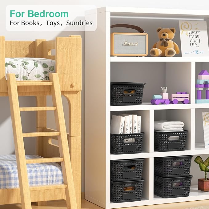 8-Pack Black Plastic Storage Baskets with Lids, Label Organizers, Stackable Organizer Containers: For Organizing Shelves, Drawers, Desk Closets, Playrooms, Classrooms, Offices