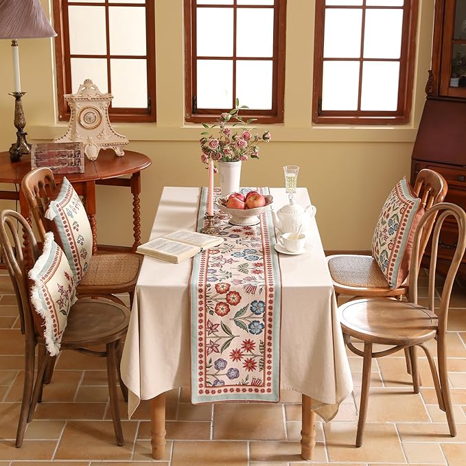 Decorative Linen Small Table Runner 63 Inches Long,Green Floral Rustic Fall Runner for Table Decor Tabletop Table Runners for Kitchen,Dining,Party,Home,Christmas,12"*63"