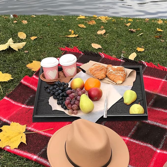 17.7 x 13 Inches Extra Large Solid Wood Serving Tray for Tea Coffee Table Snack Food Meals Serving Plate Kitchen Party Bar Breakfast Server with Raised Edges Black Wooden Decorative Ottoman Tray