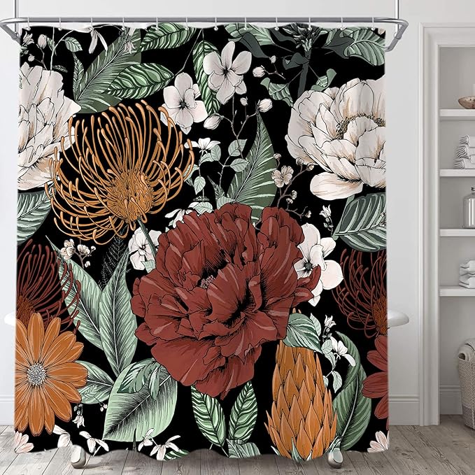 Sanzugh Boho Floral Shower Curtain, Pretty Vintage Bohemian Flower Botanical Leaves Fabric Shower Curtains Set for Bathroom Decoration with Hooks 72 X 72 inch Black Dark Bath Decor
