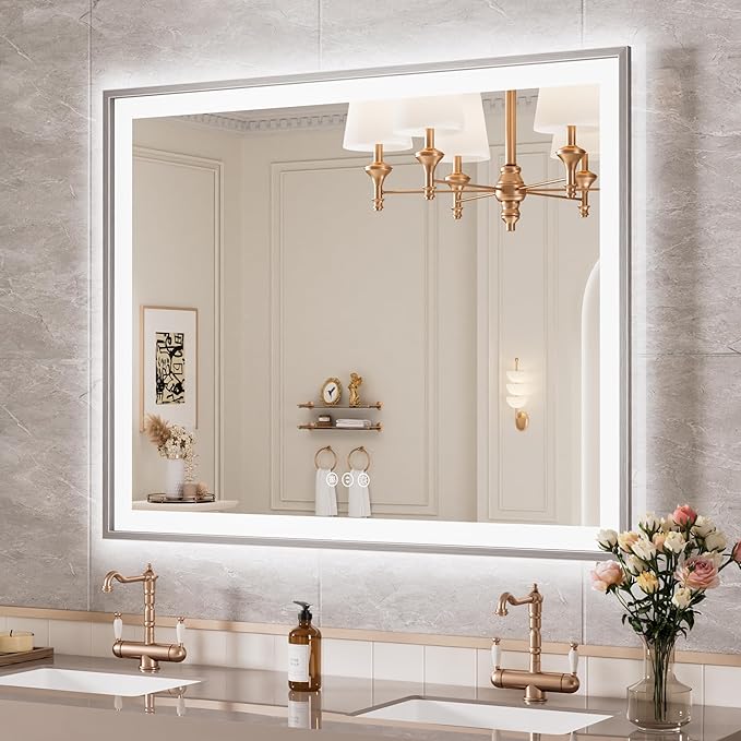 40x32 Silver LED Bathroom Mirror, Rectangle Brushed Nickel Lighted Mirror for Wall, Stepless Dimmable Led Vanity Mirror with Front-lit and Backlit, Tempered Glass, Anti-Fog, Memory