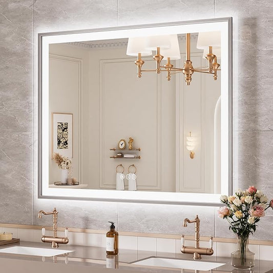 40x32 Silver LED Bathroom Mirror, Rectangle Brushed Nickel Lighted Mirror for Wall, Stepless Dimmable Led Vanity Mirror with Front-lit and Backlit, Tempered Glass, Anti-Fog, Memory
