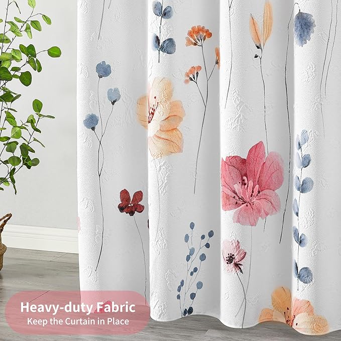 QiyI Small Stall Shower Curtain 36 x 72, Narrow Half Watercolor Floral Bath Curtain, 3D Embossed Peach Pink Flower Cloth Bathroom Curtain, Waterproof Fabric White Shower Curtain Set with Hooks