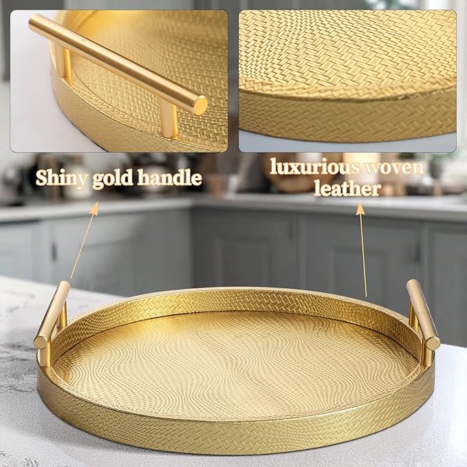 2 Piece Golden Round Serving Tray with Handles, Woven-Texture Faux Leather Ottoman Tray for Living Room, Decorative Tray for Coffee Table Home Decor