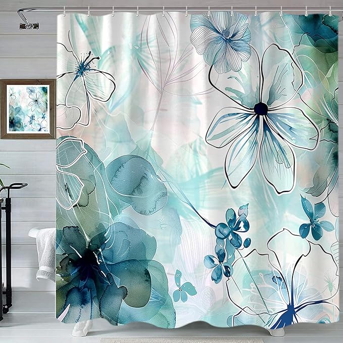Sanzugh Teal Floral Shower Curtain, Boho Emerald Sage Hunter Olive Green Blue Abstract Flowers Art Cute Fabric Shower Curtains Set for Bathroom Decorative with Hooks 72 X 78 inch Spring Bath Decor