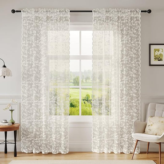 Beige Lace Sheer Curtains 84 inches Long – Vintage Leaves Pattern for Living Room/Bedroom, Fall Curtains, Modern Privacy Light Filtering Rod Pocket Window Drapes, 52W x 84L Inch, 2-Panels