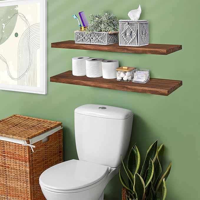 Sorbus Wood Floating Shelves for Wall - 35” Solid Wood Wall Shelves for Bathroom Decor, Books, Bedroom & Living Room - Set of 2 Walnut Wall Mounted Kitchen Shelves - Durable Solid Pine