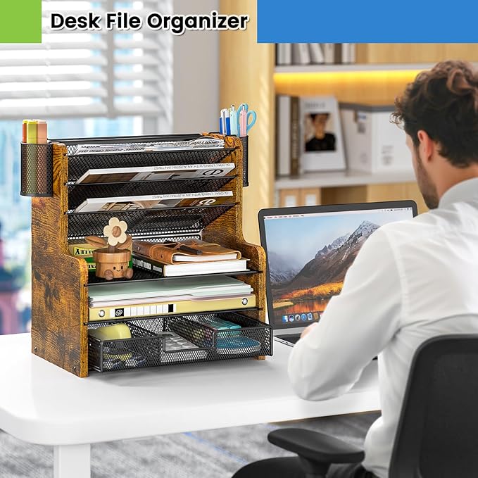 6-Tier Mesh Desk Organizer with Drawer, Wooden Office Organizer for Papers, Folders & Office Supplies - Sturdy Desktop File Holder with 2 Pen Holders - Space Saving Home Office Accessories