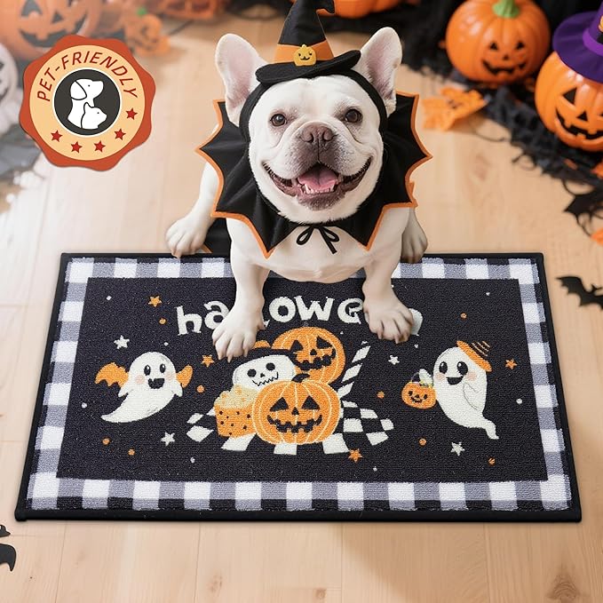 JSEI Halloween Holiday Doormat, 17''x30'' Non-Slip Ghost and Pumpkins Decorative Welcome Mats for Floor, Low-Profile Entryway Rugs Washable, Ghost and Pumpkins Pattern Black