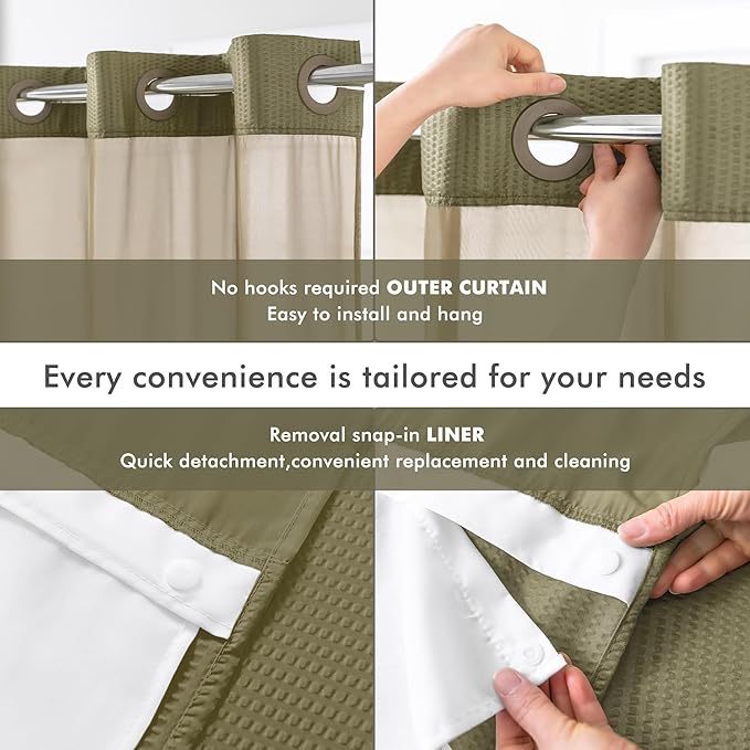 Mrs Awesome No Hook Shower Curtain with Snap-in Liner, Embossed Waffle Design Fabric Shower Curtain for Bathroom, Soft & Lightweight, 71x74, Taupe