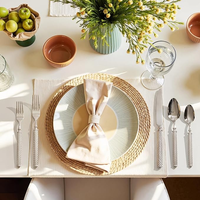 KINGSTONE Retro Rope-Pattern Silverware Set, 10-Piece Flatware Set Cutlery Set Forged with Handcrafted Texture Handles 18/10 Stainless Steel, Dishwasher Safe