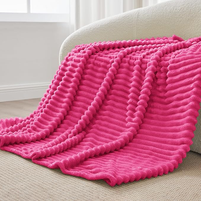 BEDELITE Fleece Throw Blanket for Couch - 300GSM Soft & Warm Fluffy Pink Blanket, Decorative and Giftable Striped Blankets for Women, Men, 50"x60"
