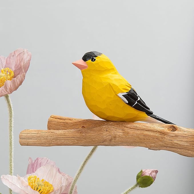 Handmade Wooden Goldfinch Figurine – Yellowbird Home Decor, Cute Wild Canary Knick-Knack for Bird Lovers, Unique Gift for Women, Mom, Friends – Rustic Nature Home Ornament