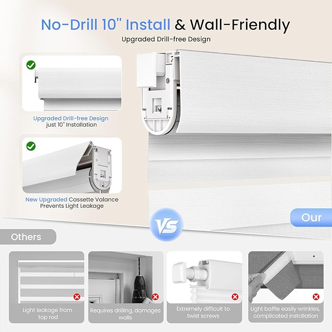 Grandekor No Drill Zebra Blinds for Windows,Cordless Zebra Shades Dual Layer, Pull Down Roller Shades Free-Stop,Custom Sizes,Textured White,Easy to Install for Home, Office, Bedroom