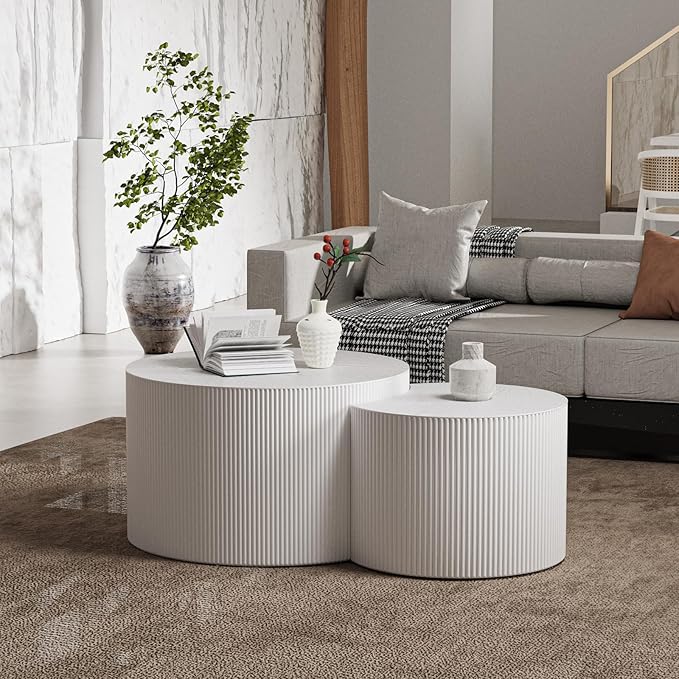 Modern Round Wooden Nesting Coffee Table Set of 2 Circle Tables with Non-Slip Feet, Accent Side End Table, Saving Space Design and No Need Assembly (GSMALL)