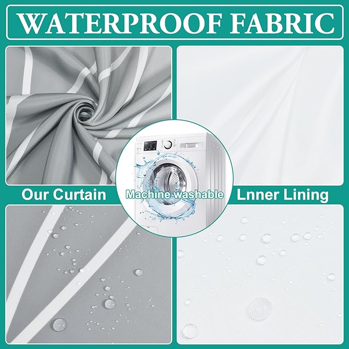 No Hook Ombre Light Grey Striped Long Shower Curtain with Snap in Fabric Liner Set - Hotel Shower Curtain and Liner Set with See Through Mesh Top Window,Machine Washable, 71x86 INCH