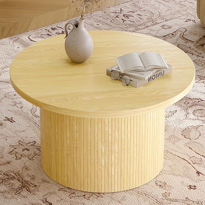 ONBRILL 31.5" Round Coffee Table, Tambour Design Coffee Tables for Living Room, Mid Century Modern Wood Coffee Table, Drum Accent Small Center Table, Oak