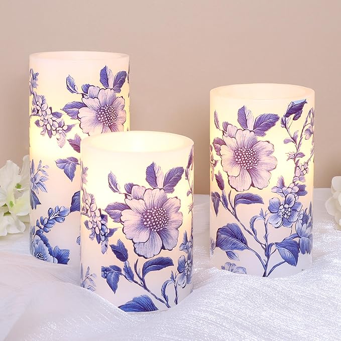 Flameless Candles Blue and White Porcelain Floral Chinoiserie Decor Battery Operated with Remote Real Wax Dripless Candle Vintage Decorative for Christmas Gift Wedding Home Party Decor