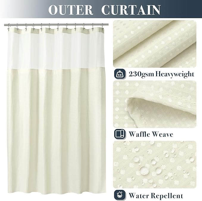 N&Y HOME Waffle Weave Shower Curtain with Snap-in Fabric Liner & Hooks Set - Hotel Style Cream Shower Curtain for Bathroom, Water-Repellent & Washable, Mesh Top Window - 71x72, Cream