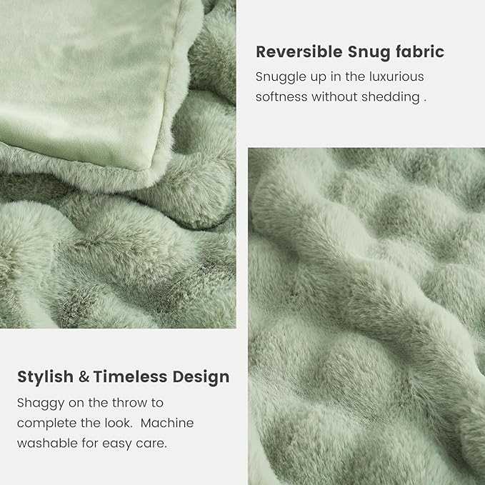 Cozy Bliss Faux Fur Throw Blanket for Couch, Fuzzy Soft Plush Thick Bubble Blanket for Sofa Bedroom Living Room, 90 * 90 Inches Sage Green