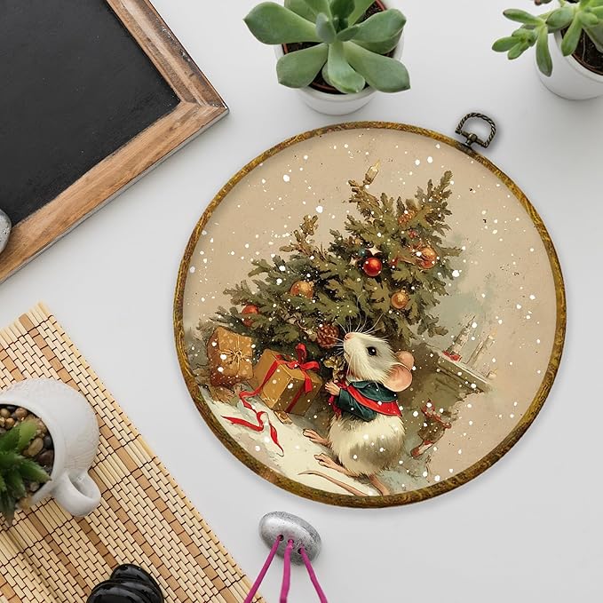 XPH Vintage Christmas Mouse Round Wall Art Framed, Retro Christmas Tree Rat Circle Wall Decor, Cozy Winter Xmas Animal Hanging Canvas Prints for Home Bedroom Living Room Decoration, 10x10 Inch