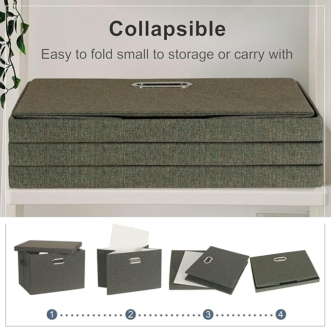 Large 17" 36 Quart Collapsible Stackable Storage Bins with Lids, 3 Packs Dark green Foldable Fabric Closet Storage Boxes with Lids, Heavy-duty Linen Cube Baskets(17x12x11)