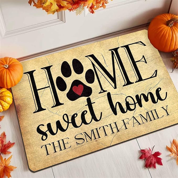 Custom Welcome Doormat with Family Name Home Sweet Home Personalized DoorMats, Housewarming Gift - Door Mat with Anti-Slip Backing, Customize Doormat Outdoor Indoor Entrance