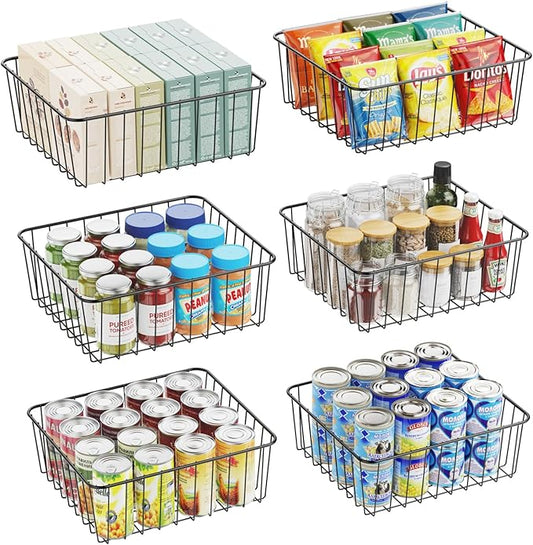 iSPECLE Wire Basket - 6 Pack Wire Storage Baskets Organizer Bins, Pantry Cabinet Shelf Kithen Storage Organization for Easily Get Items, Black