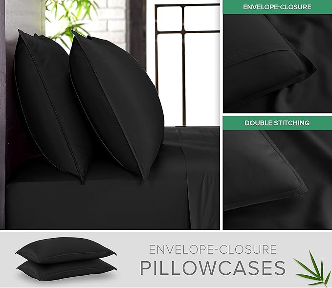 Queen Sheets by Pure Bamboo, Genuine 100% Organic Viscose Derived from Bamboo Bed Sheet Set, Luxuriously Soft & Cooling, Double Stitching, Lifetime Quality Promise (Queen, Black)