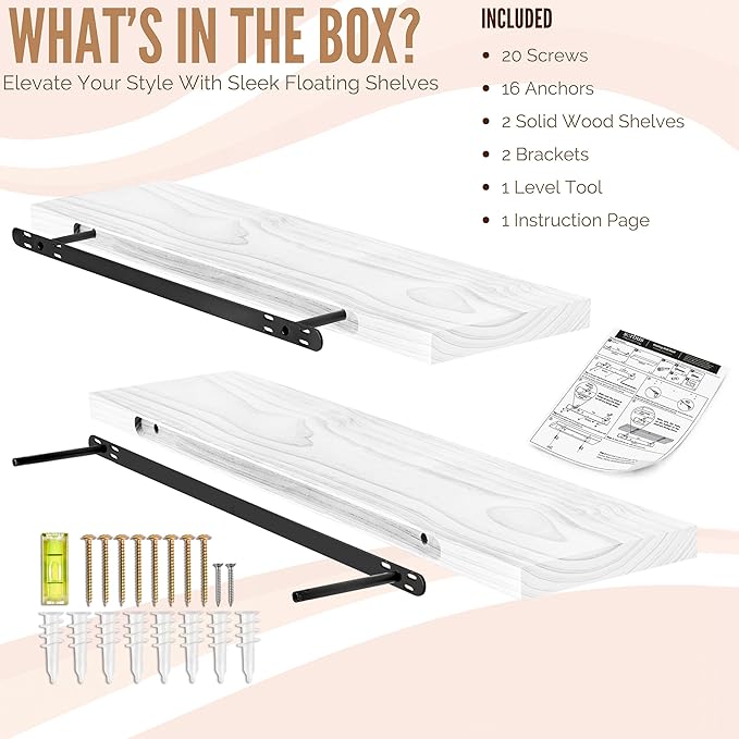 Sorbus Wood Floating Shelves for Wall - 35” Solid Wood Wall Shelves for Bathroom Decor, Books, Bedroom & Living Room - Set of 2 White Wall Mounted Kitchen Shelves - Durable Solid Pine