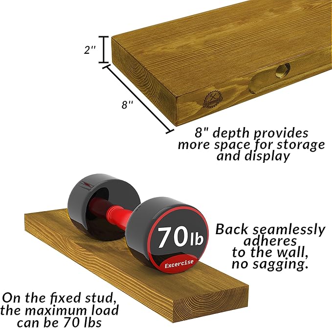 Wood Floating Shelves,48 inch Rustic Wood Wall Shelves for Bathroom Living Room Bedroom Kitchen Farmhouse Laundry Room Set of 2,Handmade-Thickened Wall Shelf (Golden Oak, 48''x8''x1.5'')