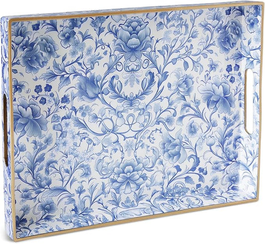 Serving Tray with Handles, Rectangular Plastic Tray 15.75x11.81 Inch, Blue and White Peony Chinese Porcelain Style Decorative Tray for Kitchen, Dining Table, Vanity, Office & Home