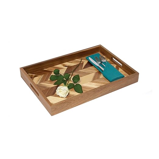 Lipper International 1265 Acacia Herringbone Serving Tray with Handle Cutouts for Meals or Organizing, 19 3/4" x 13 3/4" x 2 1/4"