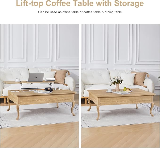 Lift Top Coffee Table, Farmhouse Coffee Table with Hidden Storage, Wood Center Table Dining Table for Living Room, Apartment, Home Office (Natural)