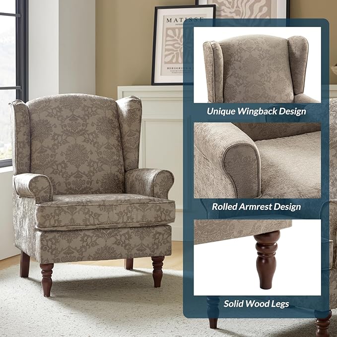 HULALA HOME Wingback Accent Chairs Set of 2 with Retro Wood Legs, Traditional Fabric Armchairs for Bedroom Living Room, Comfy Upholstered Sofa Chairs Reading Chairs with Unique Pattern Design, Brocade