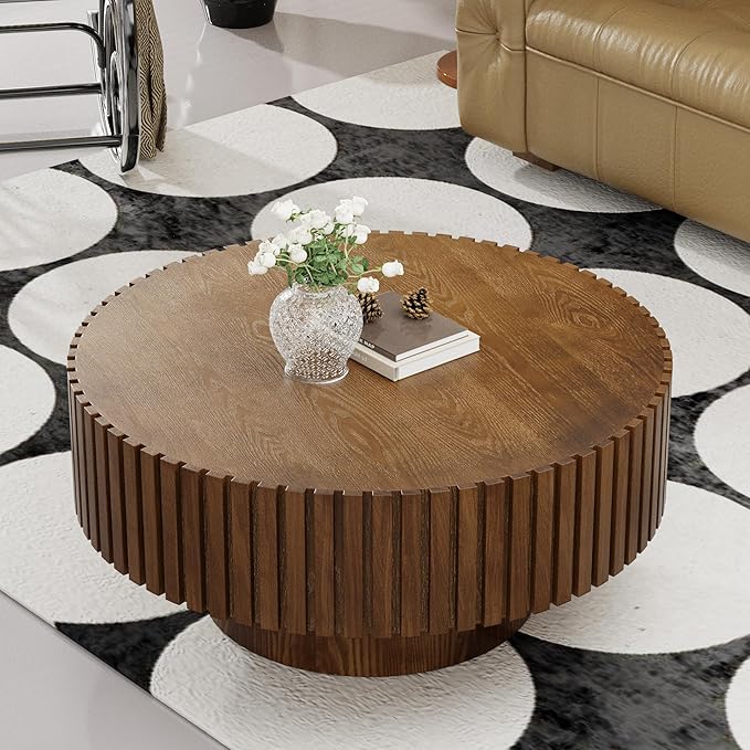 Modern Wood Round Coffee Table - Handcraft Drum Coffee Tables with Sturdy Base, Easy Assembly, Contemporary Style Small Coffee Table Tea Table for Living Room, Bedroom, Office (Brown Round)