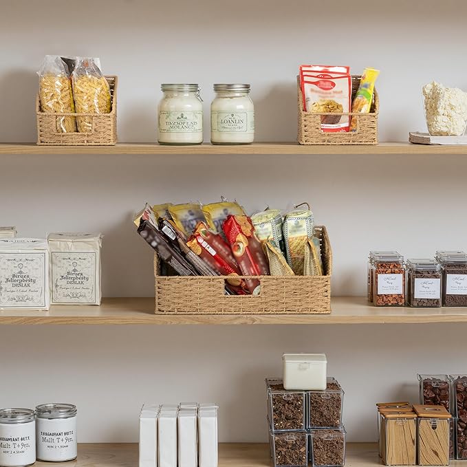 StorageWorks Paper Rope Pantry Storage Baskets, Wicker Baskets with Built-in Handles, Handwoven Shelf Baskets for Organizing, Pantry Organizers and Storage, Natural, 3 Pack