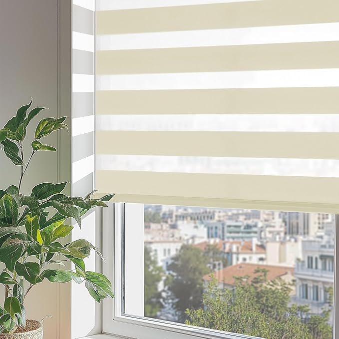 ChrisDowa Cordless Zebra Blinds for Windows, Dual Layer Free-Stop Light Filtering Window Roller Shades, Pull Down Privacy Zebra Shades for Home, Office, Bedroom, Door (50" W x 72" H, Beige)