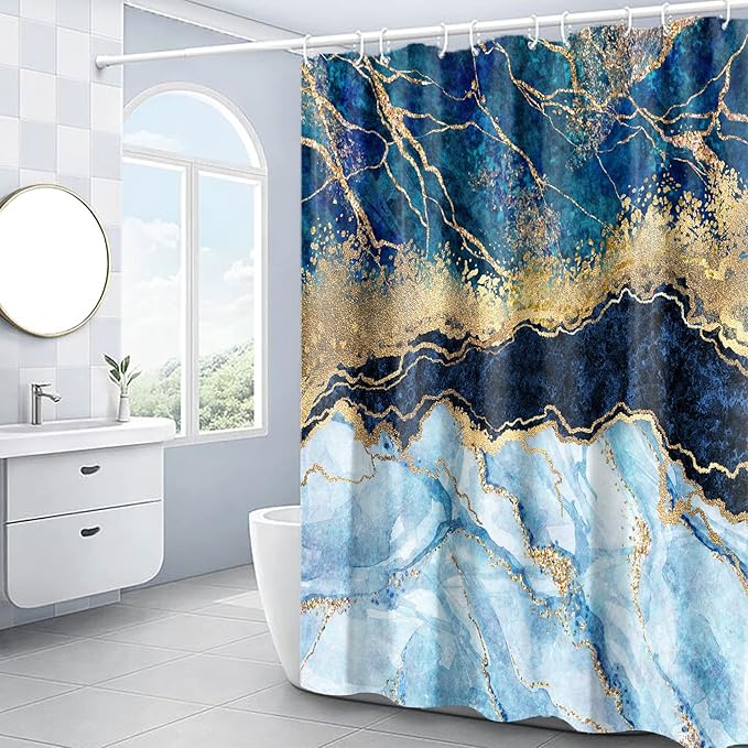 Marble Shower Curtain, Blue Marble Shower Curtain Set, Abstract Luxury Blue Golden Glitter Veins Texture Marble Shower Curtains for Bathroom, Waterproof Fabric with 12 Hooks, 72 x 72 inches