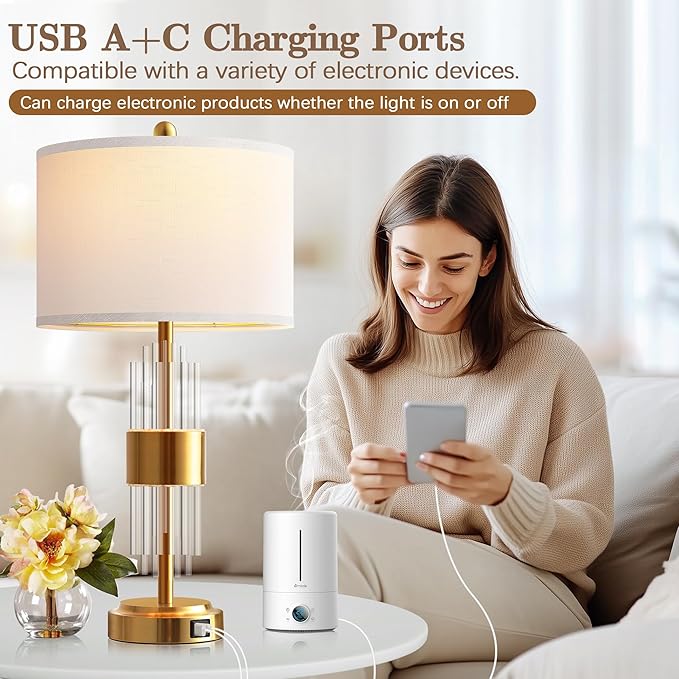QiMH Table Lamp for Living Room with USB A+C Ports, Gold Bedside Lamps for Bedrooms Set of 2 with Touch Control, Modern Nightstand Lamp White Lamp Shade Home Office Decor (2700K LED Bulb Included)