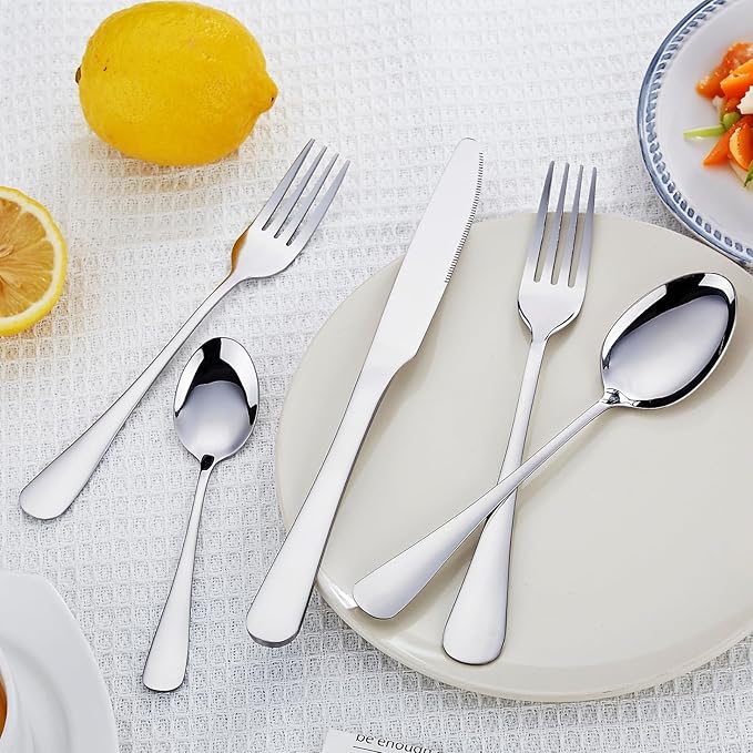 60 Piece Silverware Set, Food-Grade Stainless Steel Silverware Set for 12(Includes 12 Knives, 12 Forks, 12 Spoons, 12 Teaspoons, 12 Dessert Forks),Mirror Polished, Dishwasher Safe