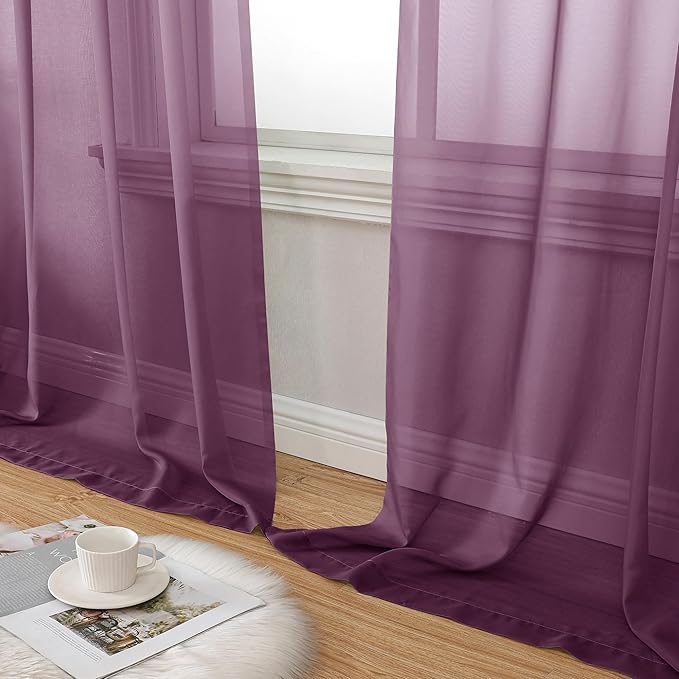 Aiyufeng Plum Purple Sheer Curtains 84 Inches Long 2 Panels, Solid Voile Top Dual Rod Pockets Stylish Breathable Drapes Window Treatment for Kid's Room/Bedroom/Living Room, 40W x 84L inches
