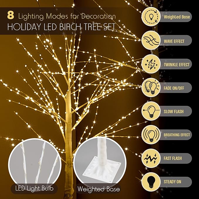 Baquler 12 Pack Lighted Birch Tree - Artificial LED Warm-White Light Birch Tree Decoration for Christmas Holiday Party Wedding Festival Decor, Indoor & Outdoor (4 6 8 ft)