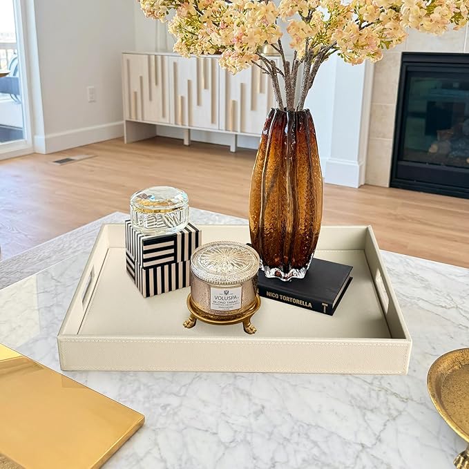 HofferRuffer Rectangle Serving Tray with Hole Handles for Coffee Table, Breakfast, Tea, Food, Butler - Countertop, Kitchen, Vanity Serve Tray, 16.2 x 12.2 x 2 inches, Faux Leather (Dark CreamWhite)