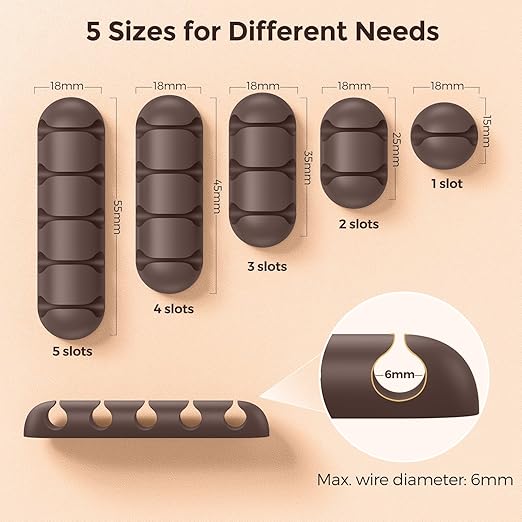 UNBREAKcable Cable Holder Clips, 5 Pack Cord Organizer for Desk, Silicone Adjustable Cord Clip, Adhesive Wire Management for Charging Cable USB Mouse Wire PC Car Office Home Nightstand Wall - Brown