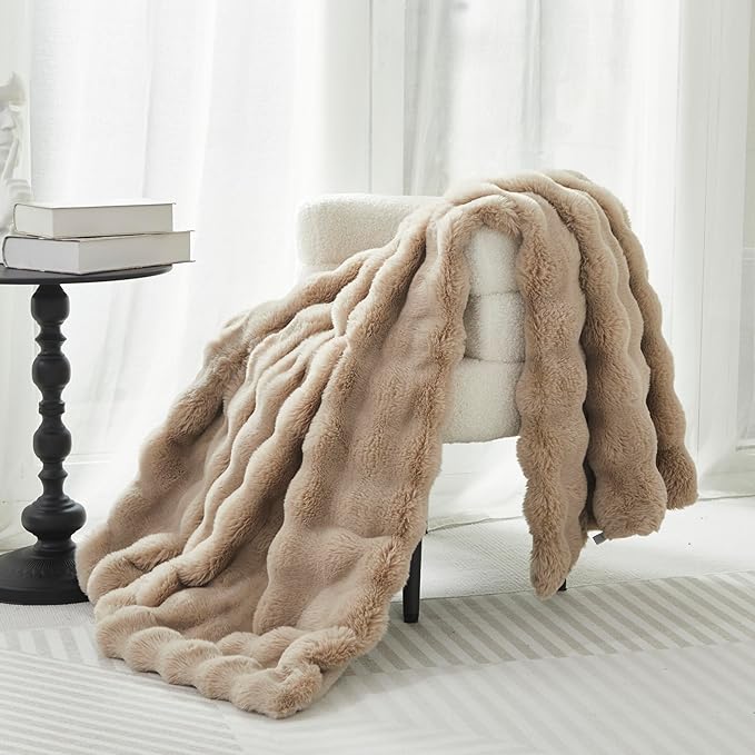 Faux Fur Throw Blanket for Couch Cozy Fuzzy Soft Plush Thick Fluffy Fleece Bubble Blanket for Sofa Bedroom Living Room, 51x63 Inches Camel