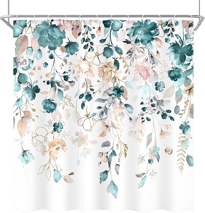 Floral Flower Shower Curtain 72Wx72L Inch Teal Green Eucalyptus Leaf Rustic Watercolor Pastel Bathroom Set Country Plant Botanical Pretty Bath Curtain Bathtub Accessories Home Decor