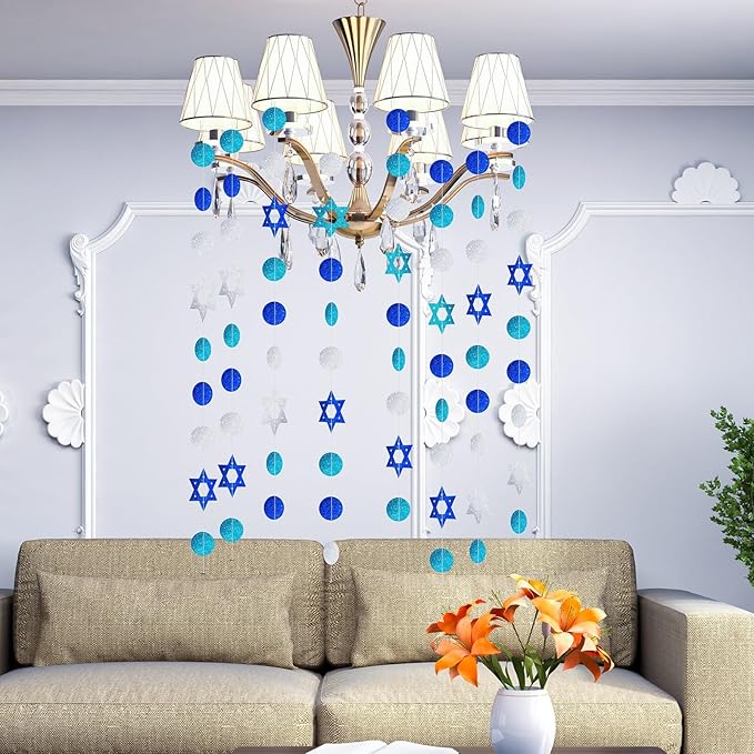 MARFOREVER Hanukkah Decorations Hanging Swirls 5 PCS 41 Ft Chanukah Decorations Glitter Blue White Star of David Streamers Hanukkah Garland for Jewish Party Home Wall Ceiling Decor