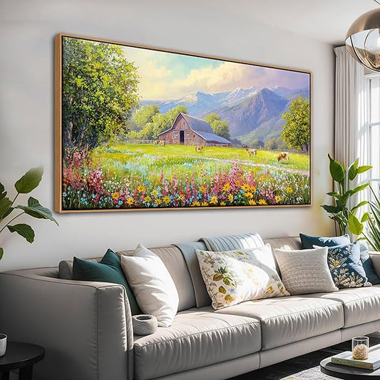 AJAZIKO Rustic Mountain Wall Art,Farmhouse Landscape Wall Decor with Highland Cow & Floral Art - Nature & Country Artwork for Living Room, Bedroom & Walls - Framed Flower Pictures for Home 24x48IN